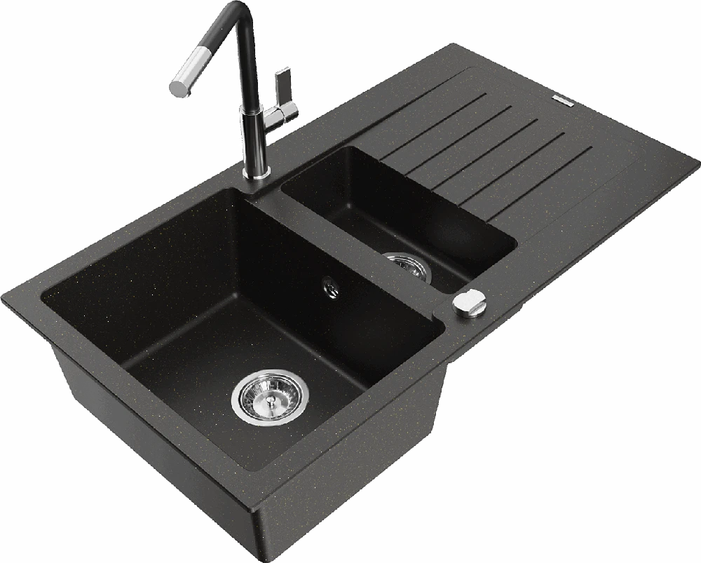 Granitinė virtuvinė plautuvė Mexen Matias su maišytuvu ir sifonu, Metallic juodas/auksinis+Juodas/Chrome