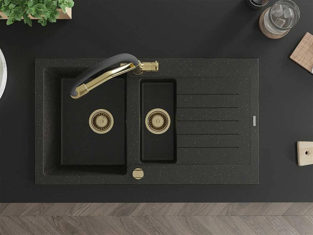 Granitinė virtuvinė plautuvė Mexen Matias su maišytuvu ir sifonu, Metallic juodas/auksinis+Juodas/Gold