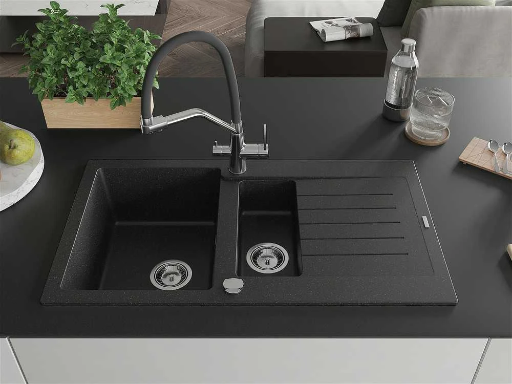 Granitinė virtuvinė plautuvė Mexen Matias su maišytuvu ir sifonu, Metallic juodas/sidabrinis+Juodas/Chrome