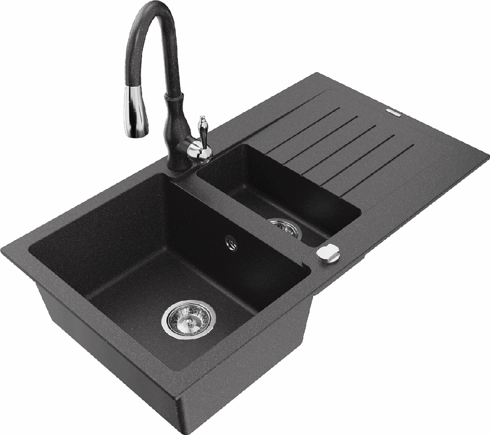 Granitinė virtuvinė plautuvė Mexen Matias su maišytuvu ir sifonu, Juodas granite