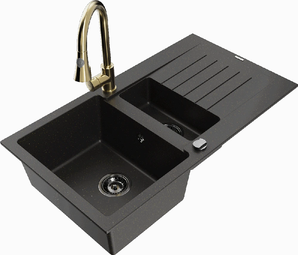 Granitinė virtuvinė plautuvė Mexen Matias su maišytuvu ir sifonu, Metallic juodas/auksinis+Gold