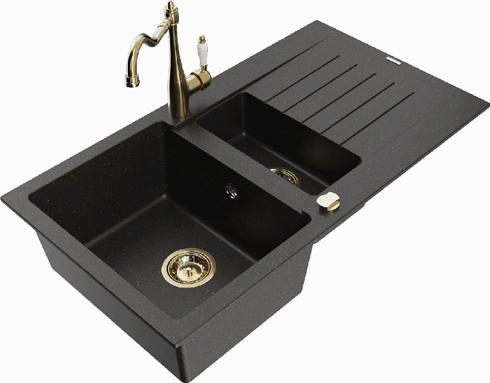 Granitinė virtuvinė plautuvė Mexen Matias su maišytuvu ir sifonu, Metallic juodas/auksinis+Gold