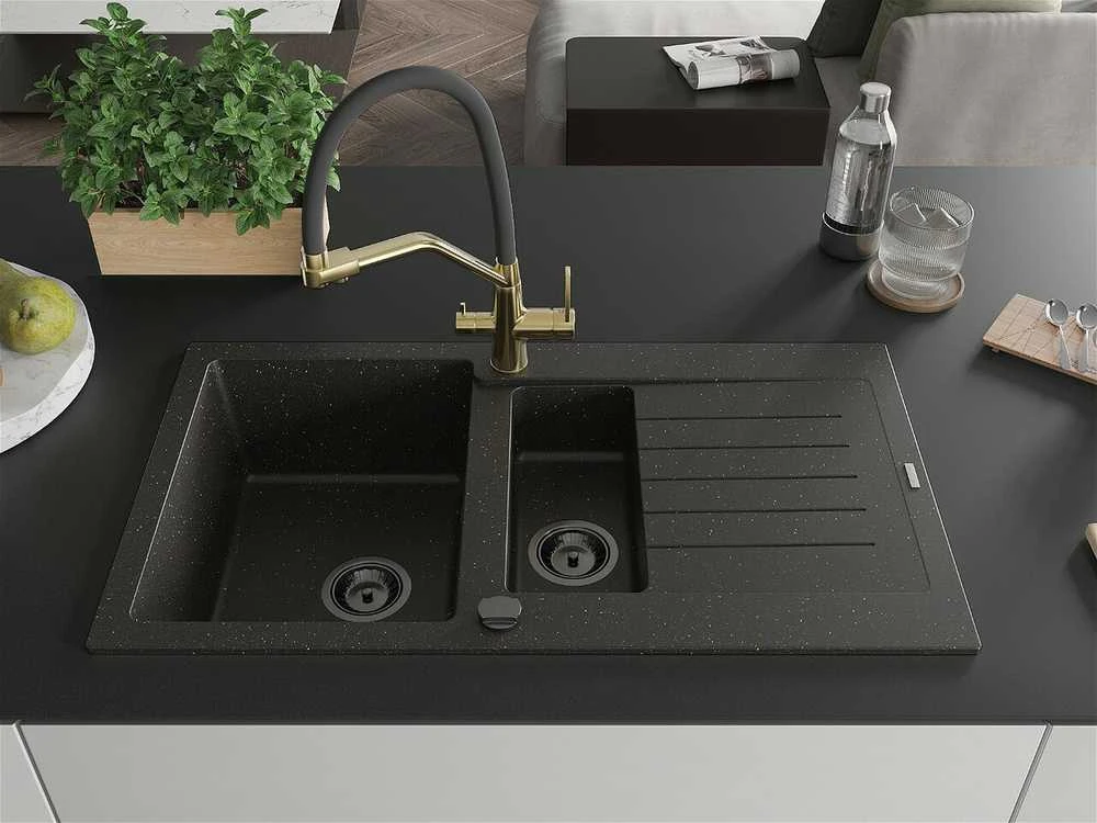 Granitinė virtuvinė plautuvė Mexen Matias su maišytuvu ir sifonu, Metallic juodas/auksinis+Juodas/Gold