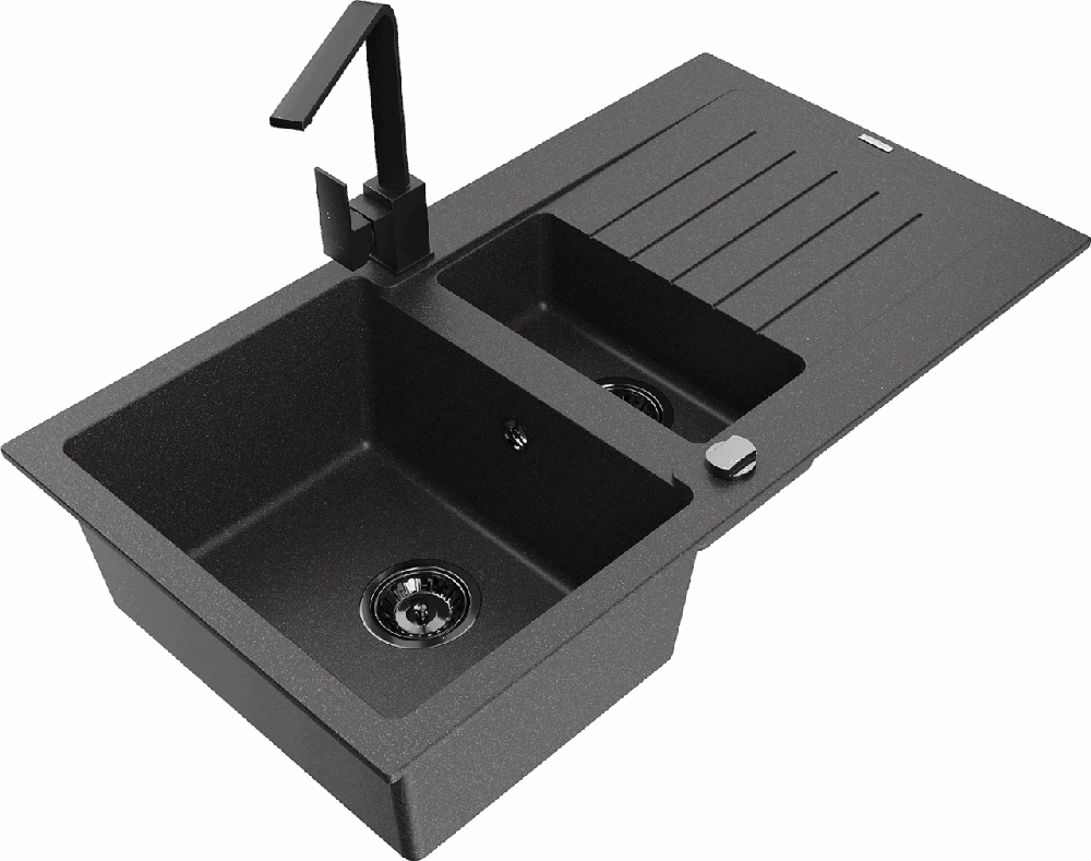 Granitinė virtuvinė plautuvė Mexen Matias su maišytuvu ir sifonu, Juodas granite+Juodas