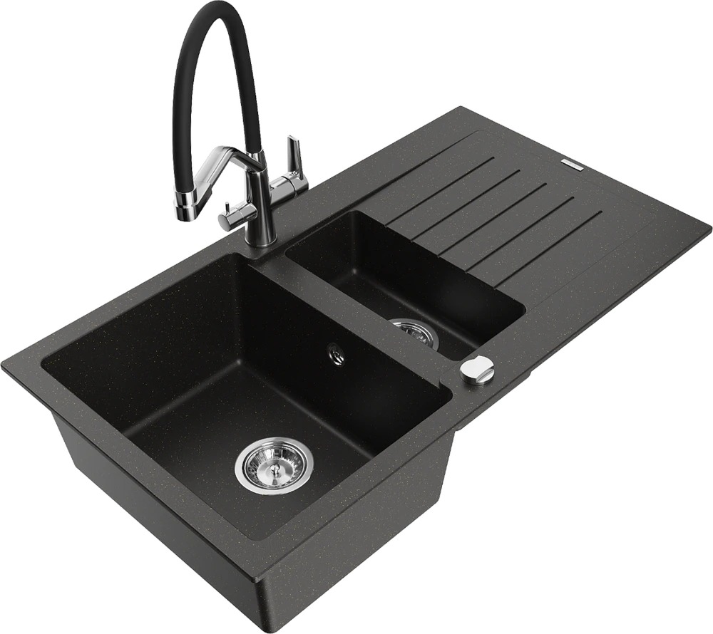 Granitinė virtuvinė plautuvė Mexen Matias su maišytuvu ir sifonu, Metallic juodas/auksinis+Juodas/Chrome