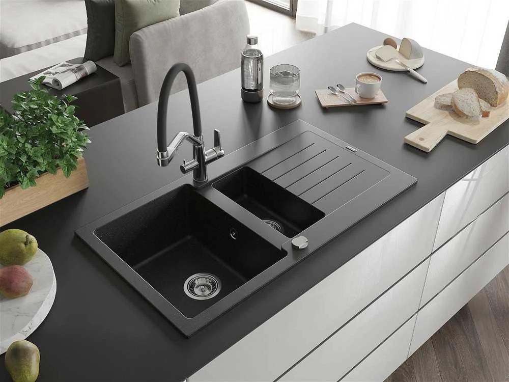 Granitinė virtuvinė plautuvė Mexen Matias su maišytuvu ir sifonu, Metallic juodas/sidabrinis+Juodas/Chrome