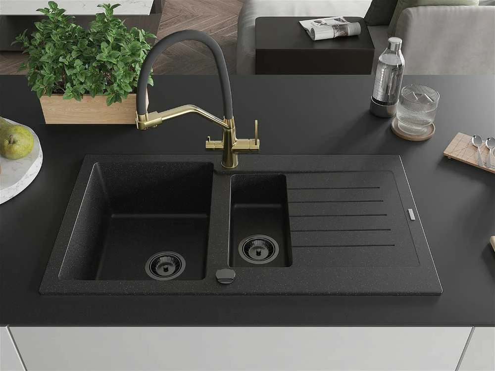 Granitinė virtuvinė plautuvė Mexen Matias su maišytuvu ir sifonu, Metallic juodas/sidabrinis+Juodas/Gold