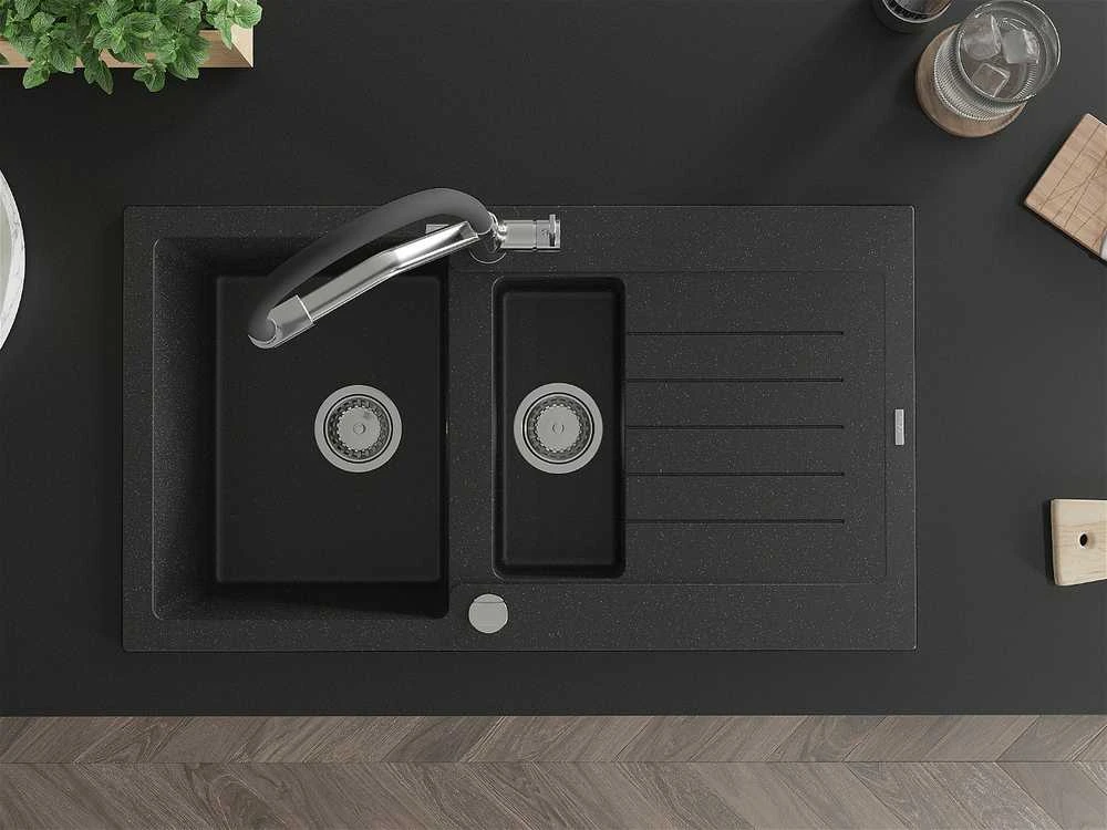 Granitinė virtuvinė plautuvė Mexen Matias su maišytuvu ir sifonu, Metallic juodas/sidabrinis+Juodas/Chrome
