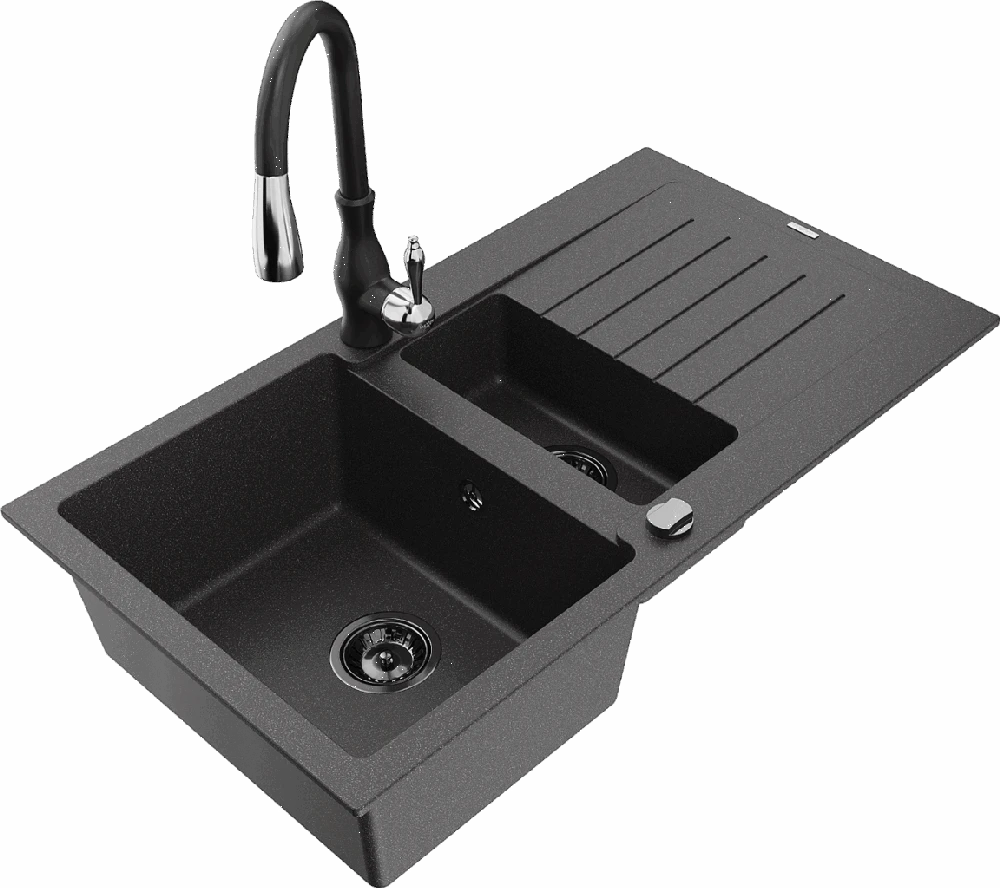 Granitinė virtuvinė plautuvė Mexen Matias su maišytuvu ir sifonu, Juodas granite+Juodas
