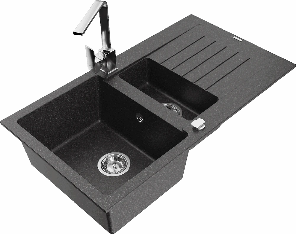 Granitinė virtuvinė plautuvė Mexen Matias su maišytuvu ir sifonu, Juodas granite+Chrome