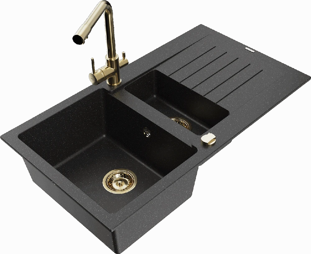 Granitinė virtuvinė plautuvė Mexen Matias su maišytuvu ir sifonu, Metallic juodas/sidabrinis+Gold