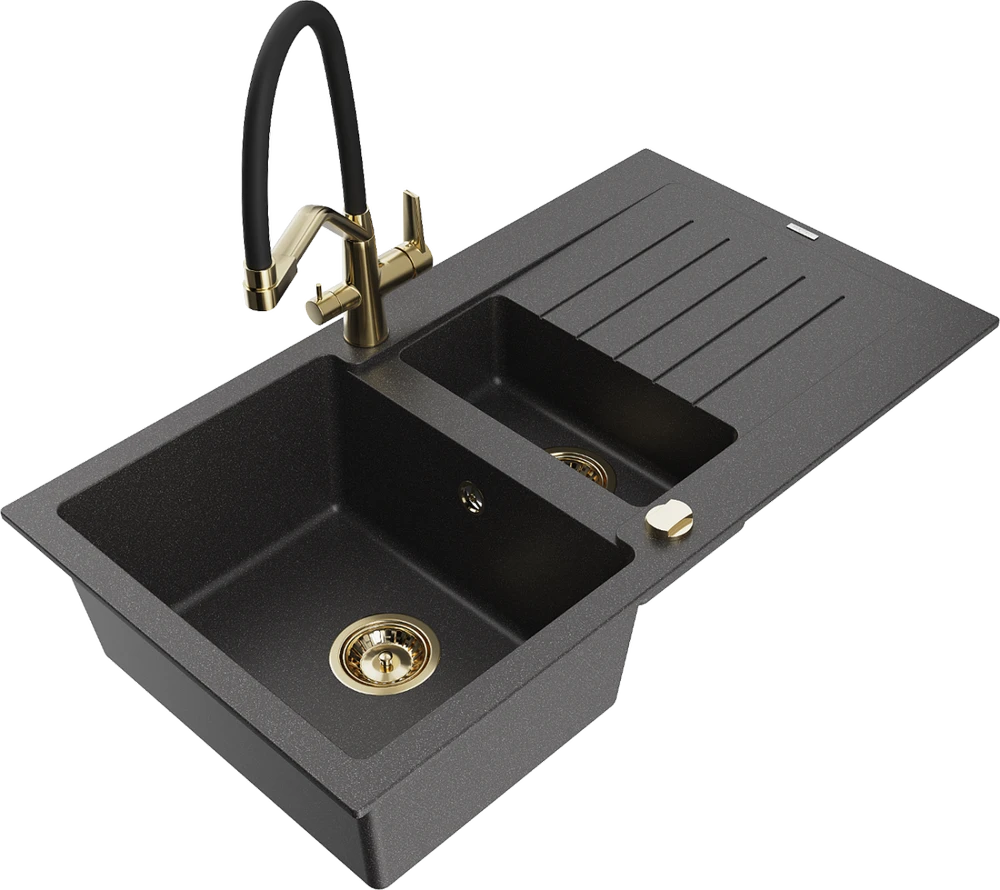 Granitinė virtuvinė plautuvė Mexen Matias su maišytuvu ir sifonu, Juodas granite+Juodas/Gold