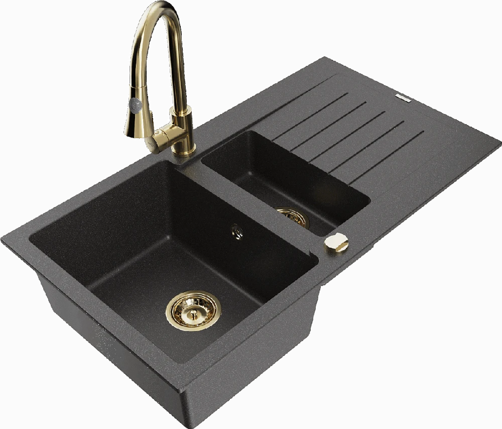 Granitinė virtuvinė plautuvė Mexen Matias su maišytuvu ir sifonu, Juodas granite+Gold