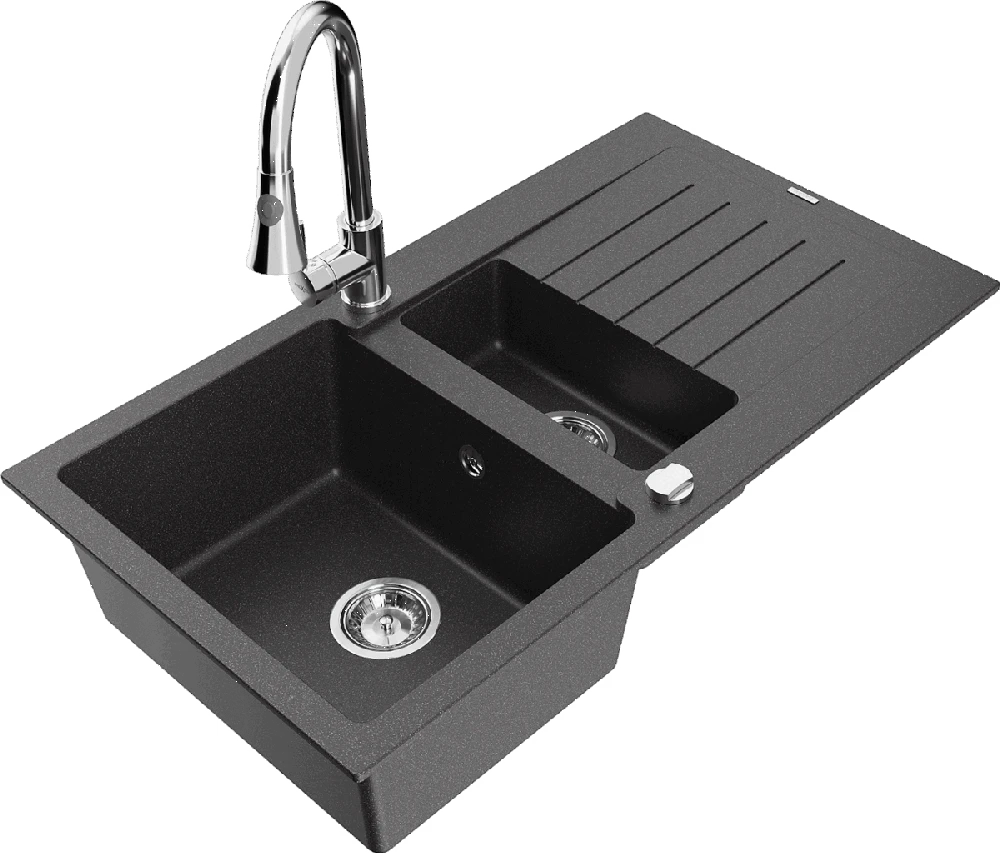 Granitinė virtuvinė plautuvė Mexen Matias su maišytuvu ir sifonu, Juodas granite+Chrome