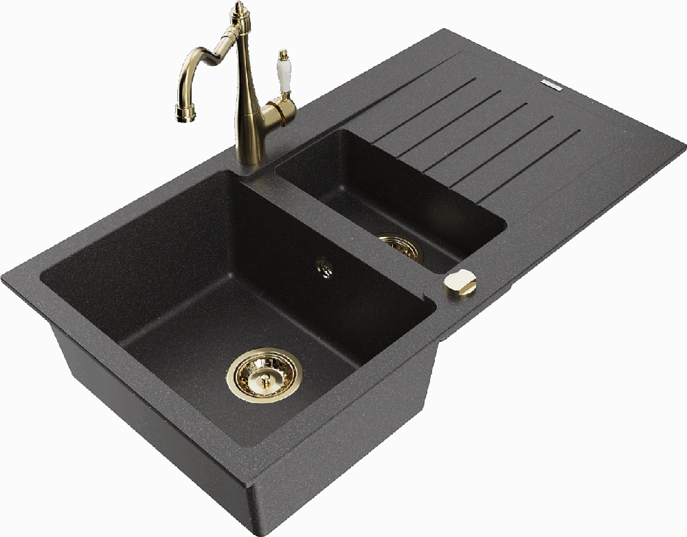 Granitinė virtuvinė plautuvė Mexen Matias su maišytuvu ir sifonu, Juodas granite+Gold