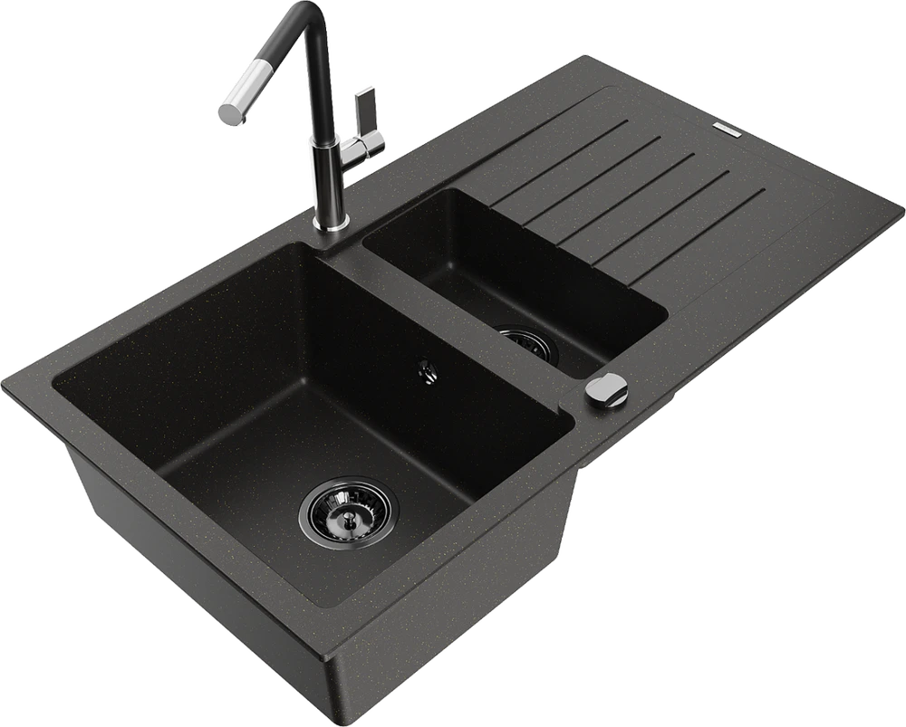 Granitinė virtuvinė plautuvė Mexen Matias su maišytuvu ir sifonu, Metallic juodas/auksinis+Juodas/Chrome