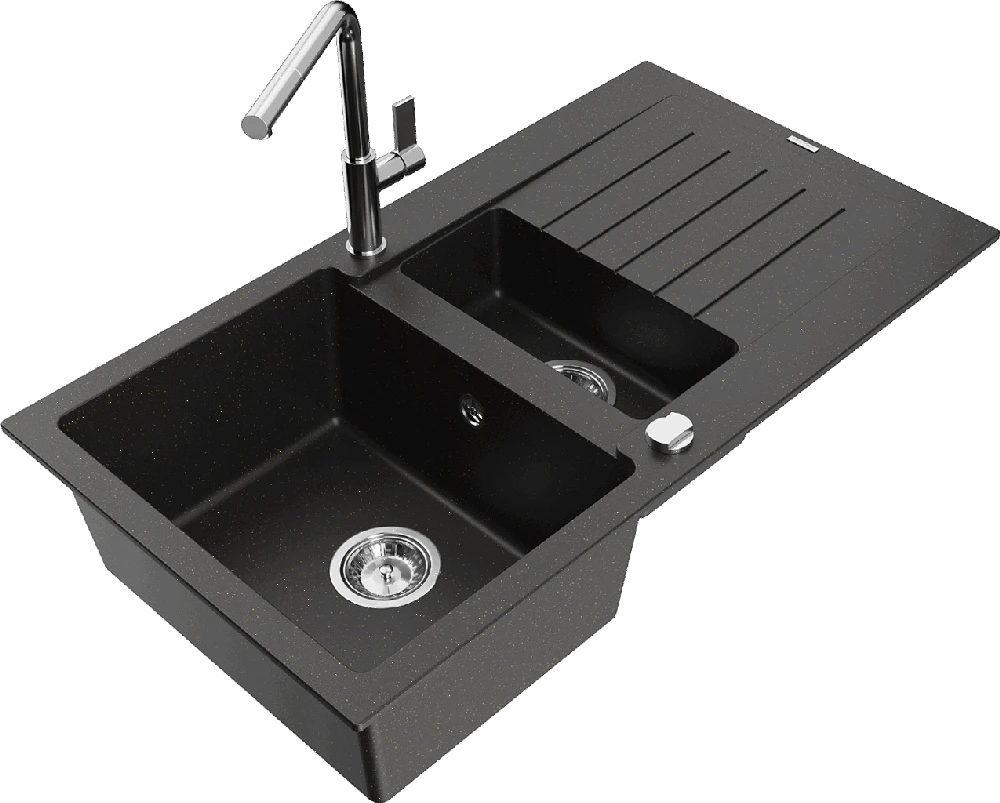 Granitinė virtuvinė plautuvė Mexen Matias su maišytuvu ir sifonu, Metallic juodas/auksinis+Chrome