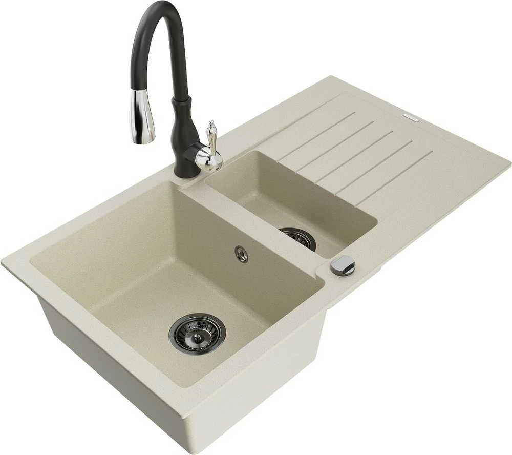 Granitinė virtuvinė plautuvė Mexen Matias su maišytuvu ir sifonu, rusvai gelsvas+Juodas
