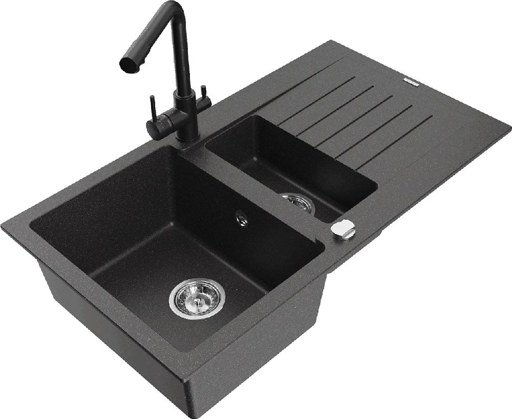 Granitinė virtuvinė plautuvė Mexen Matias su maišytuvu ir sifonu, Juodas granite+Juodas