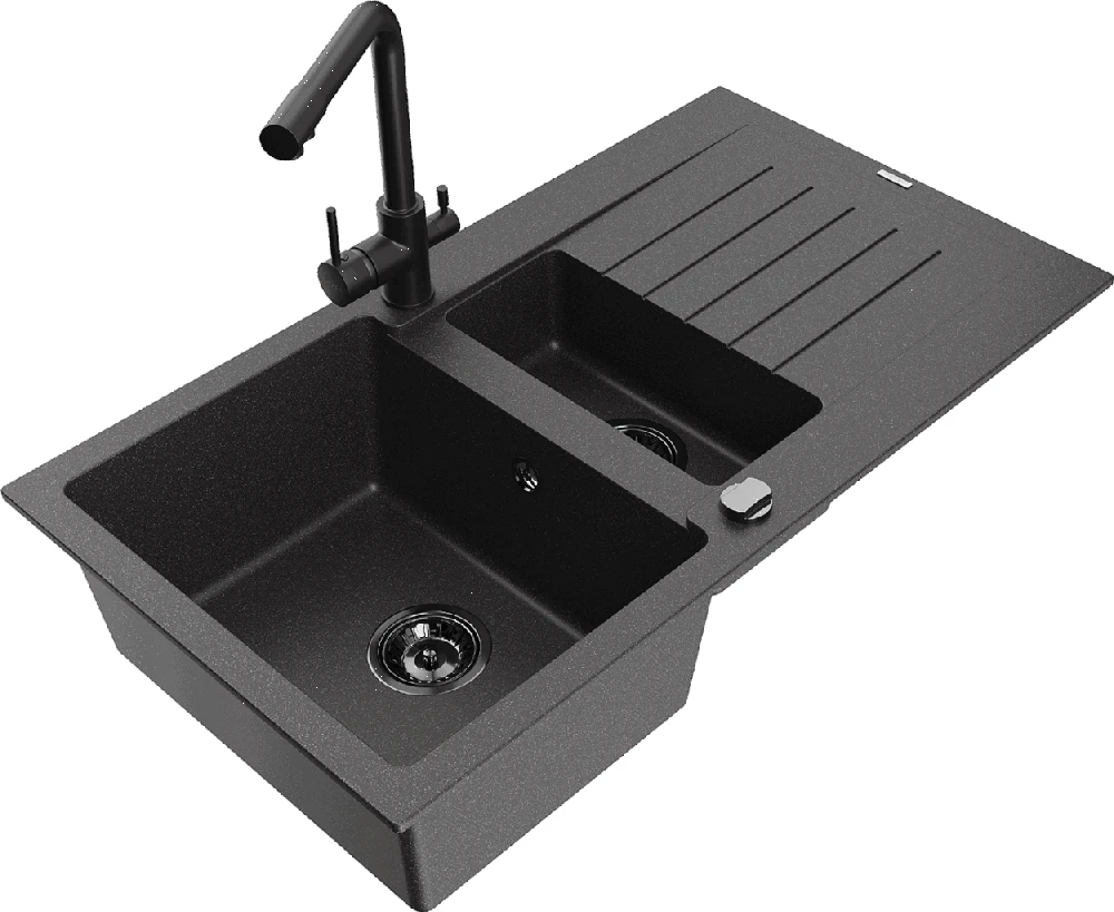 Granitinė virtuvinė plautuvė Mexen Matias su maišytuvu ir sifonu, Juodas granite+Juodas
