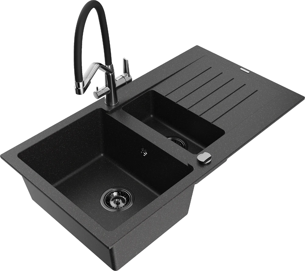 Granitinė virtuvinė plautuvė Mexen Matias su maišytuvu ir sifonu, Metallic juodas/sidabrinis+Juodas/Chrome