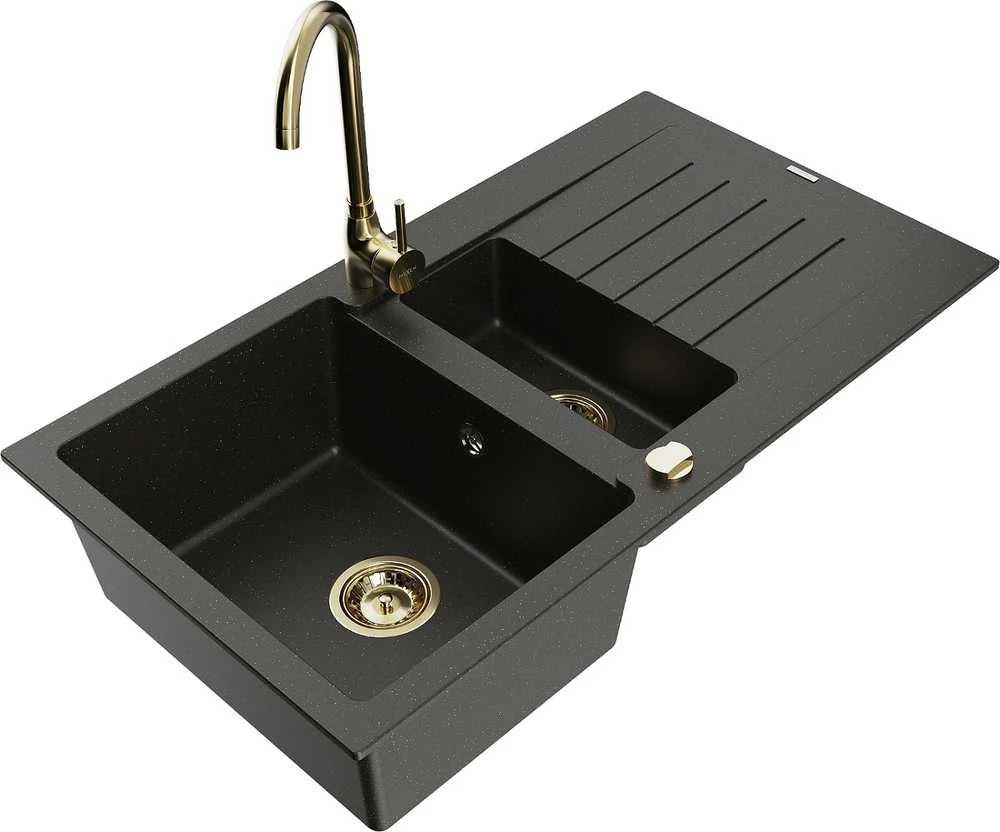 Granitinė virtuvinė plautuvė Mexen Matias su maišytuvu ir sifonu, Metallic juodas/auksinis+Gold