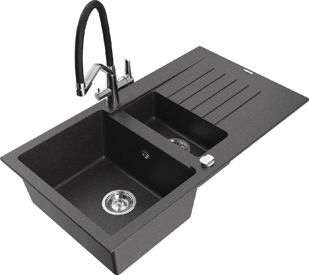 Granitinė virtuvinė plautuvė Mexen Matias su maišytuvu ir sifonu, Juodas granite+Juodas/Chrome