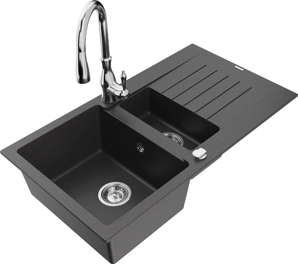 Granitinė virtuvinė plautuvė Mexen Matias su maišytuvu ir sifonu, Juodas granite+Chrome