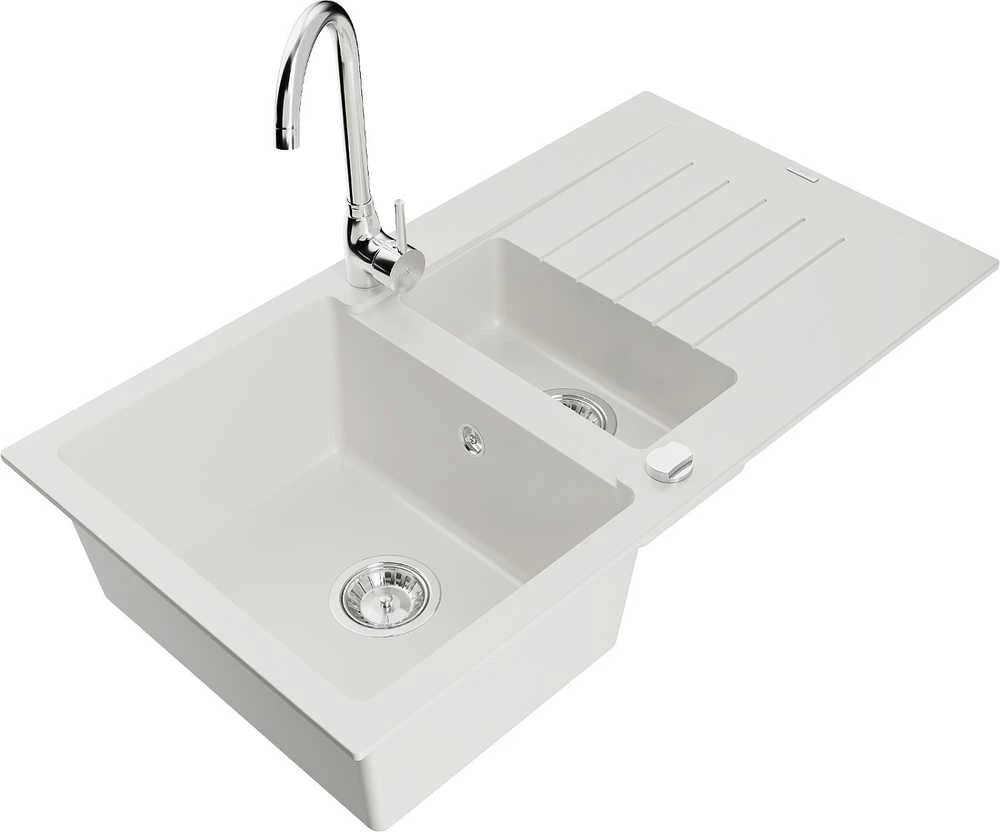 Granitinė virtuvinė plautuvė Mexen Matias su maišytuvu ir sifonu, Baltas+Chrome