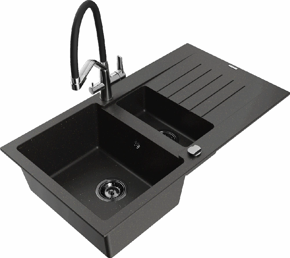 Granitinė virtuvinė plautuvė Mexen Matias su maišytuvu ir sifonu, Metallic juodas/auksinis+Juodas/Chrome