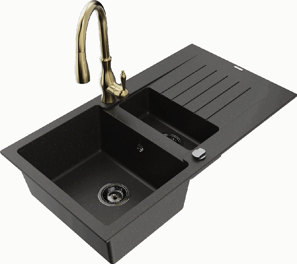 Granitinė virtuvinė plautuvė Mexen Matias su maišytuvu ir sifonu, Metallic juodas/auksinis+Gold