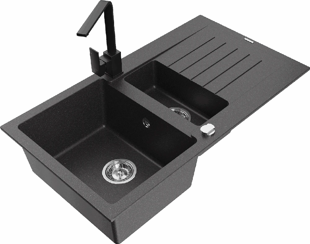 Granitinė virtuvinė plautuvė Mexen Matias su maišytuvu ir sifonu, Juodas granite+Juodas