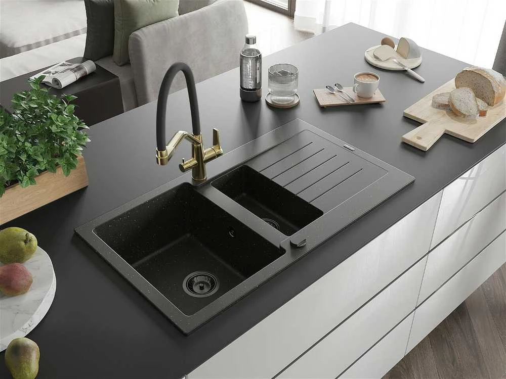 Granitinė virtuvinė plautuvė Mexen Matias su maišytuvu ir sifonu, Metallic juodas/auksinis+Juodas/Gold