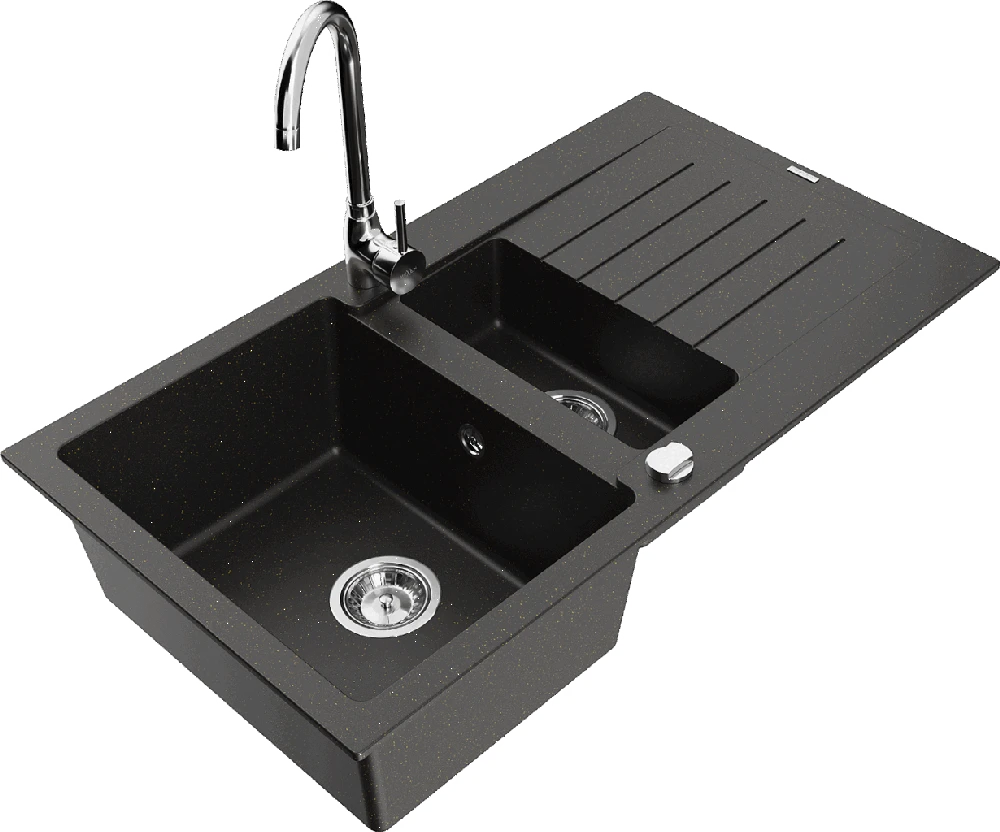 Granitinė virtuvinė plautuvė Mexen Matias su maišytuvu ir sifonu, Metallic juodas/auksinis+Chrome
