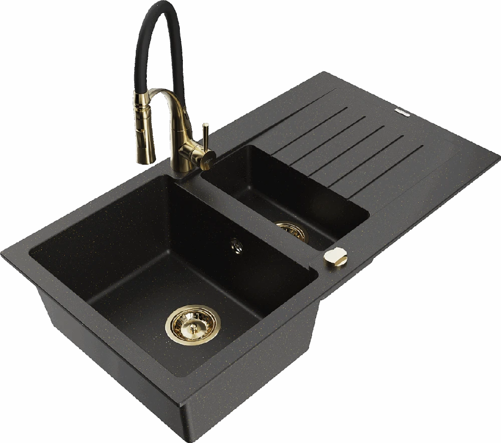 Granitinė virtuvinė plautuvė Mexen Matias su maišytuvu ir sifonu, Metallic juodas/auksinis+Juodas/Gold