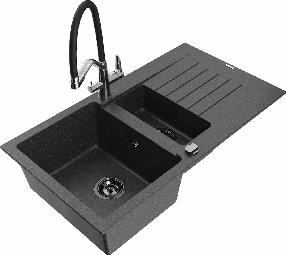 Granitinė virtuvinė plautuvė Mexen Matias su maišytuvu ir sifonu, Juodas granite+Juodas/Chrome