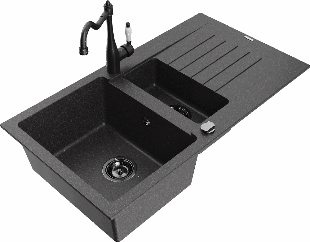 Granitinė virtuvinė plautuvė Mexen Matias su maišytuvu ir sifonu, Juodas granite+Juodas