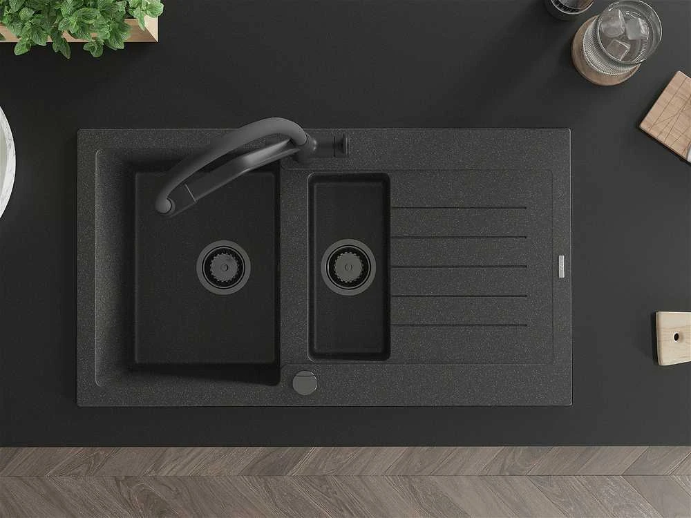 Granitinė virtuvinė plautuvė Mexen Matias su maišytuvu ir sifonu, Juodas granite+Juodas