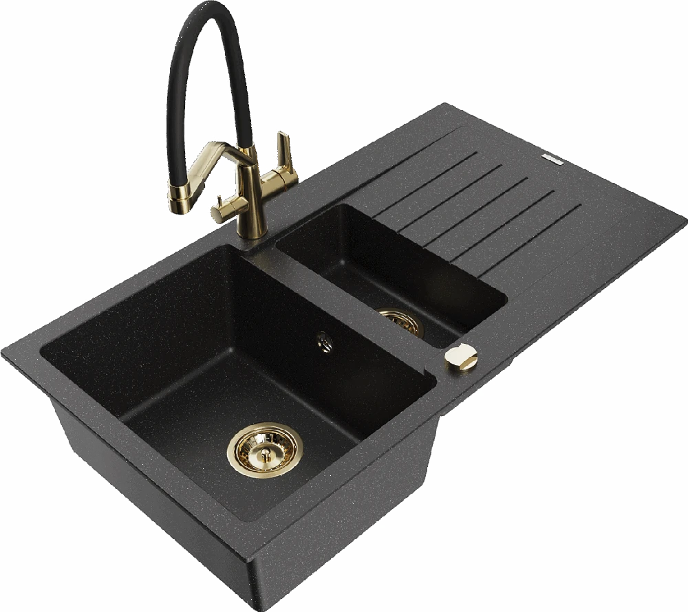 Granitinė virtuvinė plautuvė Mexen Matias su maišytuvu ir sifonu, Metallic juodas/sidabrinis+Juodas/Gold