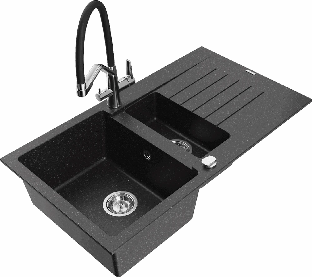 Granitinė virtuvinė plautuvė Mexen Matias su maišytuvu ir sifonu, Metallic juodas/sidabrinis+Juodas/Chrome