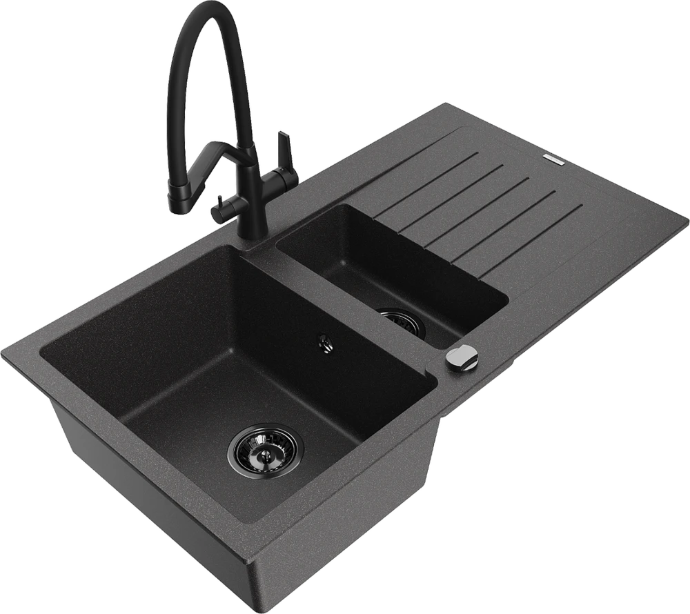 Granitinė virtuvinė plautuvė Mexen Matias su maišytuvu ir sifonu, Juodas granite+Juodas
