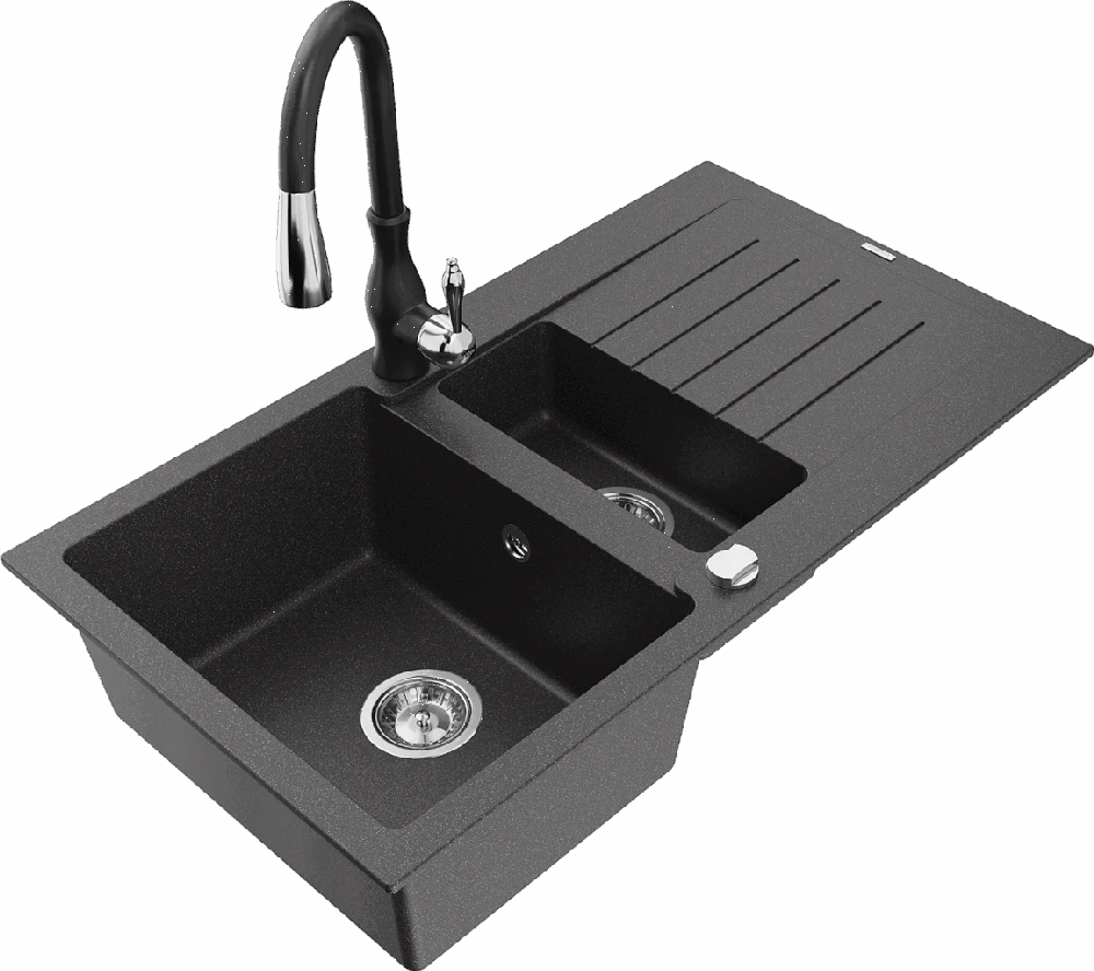 Granitinė virtuvinė plautuvė Mexen Matias su maišytuvu ir sifonu, Juodas granite+Juodas
