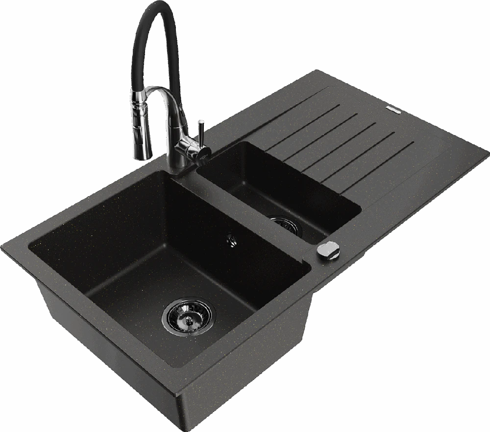 Granitinė virtuvinė plautuvė Mexen Matias su maišytuvu ir sifonu, Metallic juodas/auksinis+Juodas/Chrome