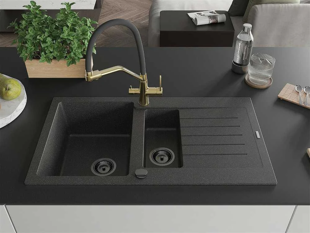 Granitinė virtuvinė plautuvė Mexen Matias su maišytuvu ir sifonu, Juodas granite+Juodas/Gold