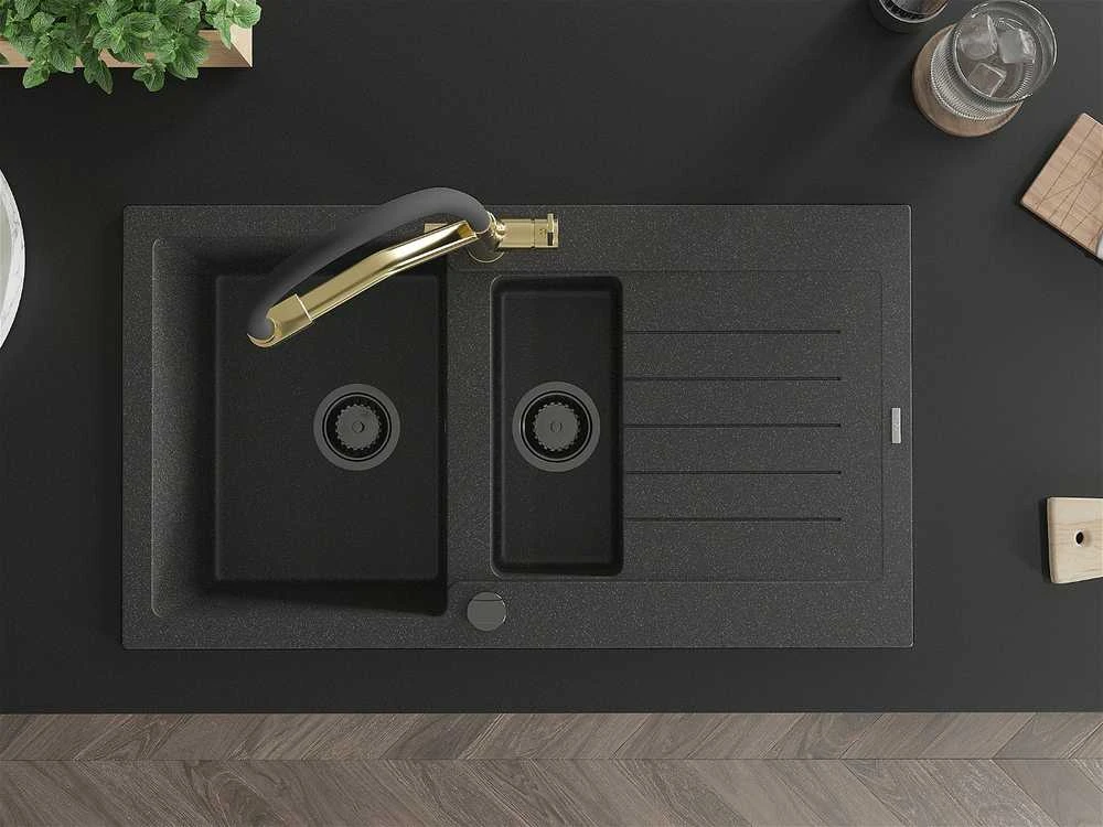 Granitinė virtuvinė plautuvė Mexen Matias su maišytuvu ir sifonu, Juodas granite+Juodas/Gold