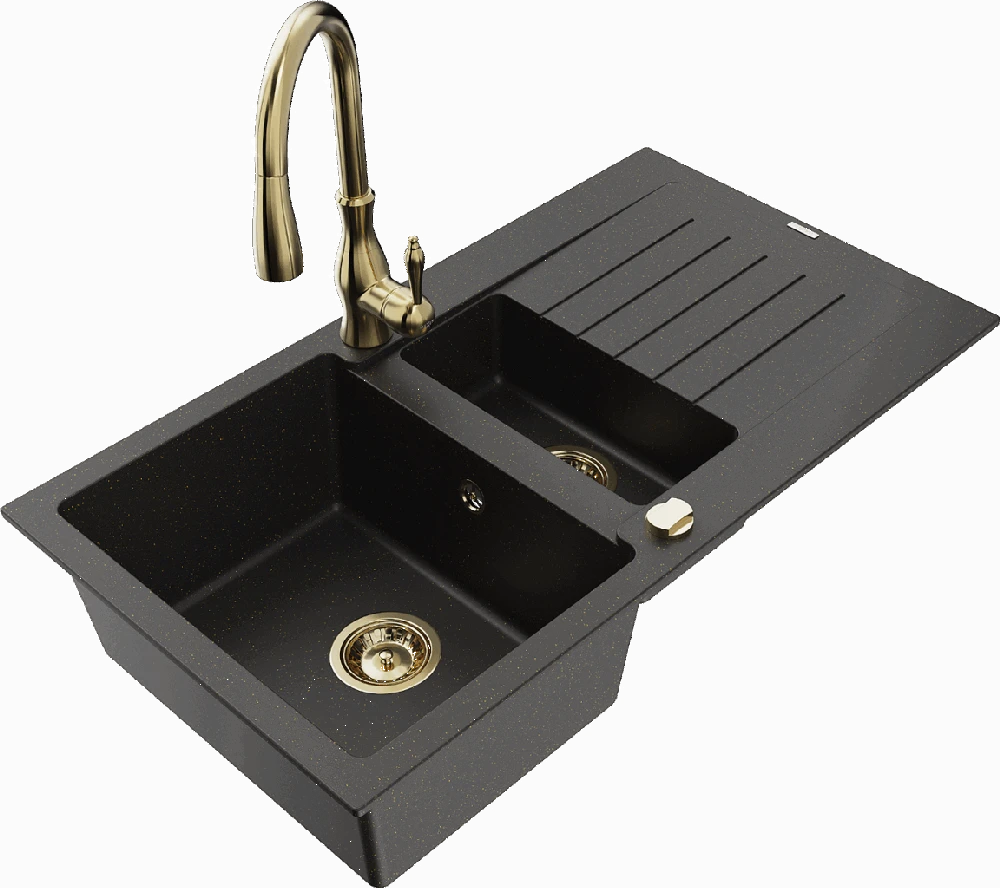 Granitinė virtuvinė plautuvė Mexen Matias su maišytuvu ir sifonu, Metallic juodas/auksinis+Gold