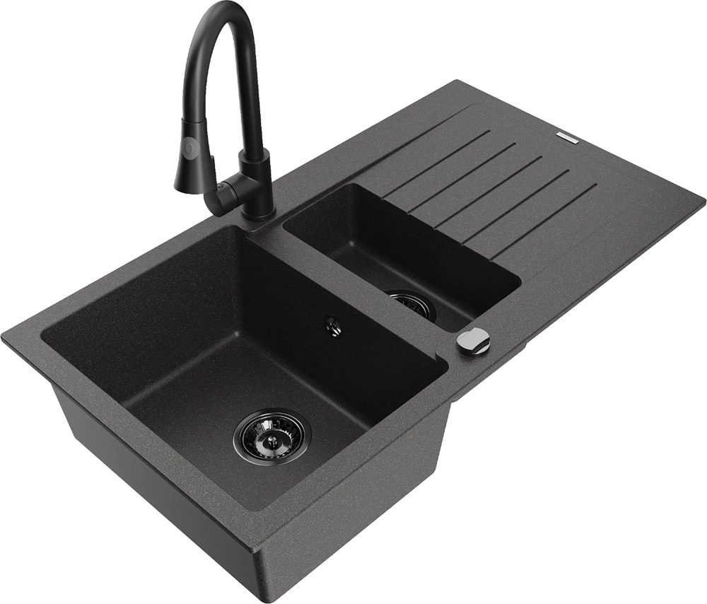 Granitinė virtuvinė plautuvė Mexen Matias su maišytuvu ir sifonu, Juodas granite+Juodas