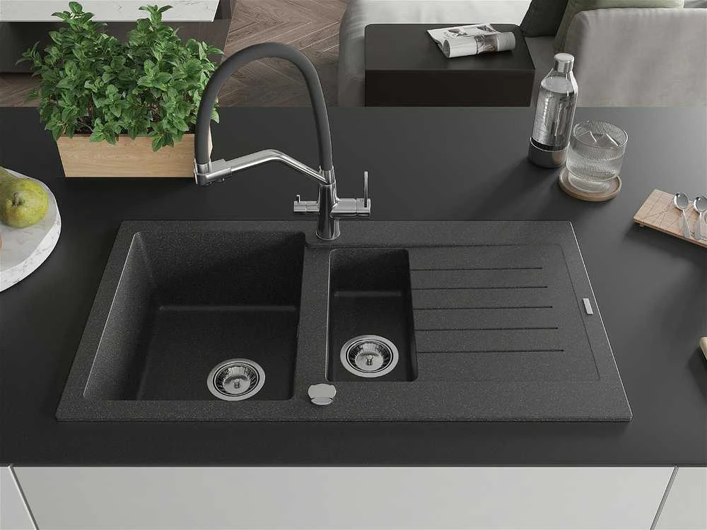 Granitinė virtuvinė plautuvė Mexen Matias su maišytuvu ir sifonu, Juodas granite+Juodas/Chrome