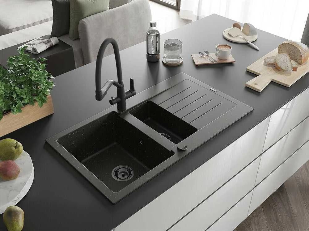 Granitinė virtuvinė plautuvė Mexen Matias su maišytuvu ir sifonu, Metallic juodas/auksinis+Juodas