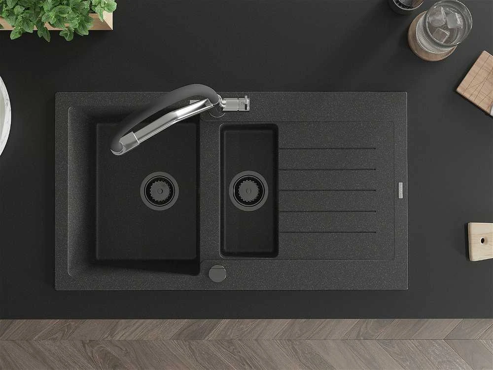 Granitinė virtuvinė plautuvė Mexen Matias su maišytuvu ir sifonu, Juodas granite+Juodas/Chrome